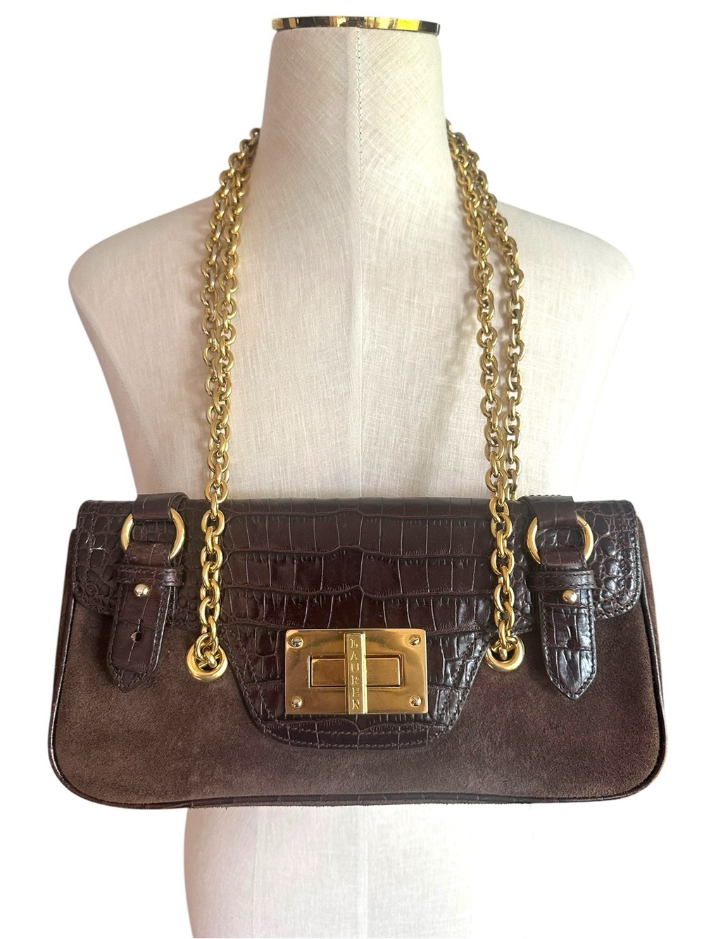 Vintage Lauren Ralph Lauren Suede & Croc Leather Gold Chain Classic Shoulder Bag